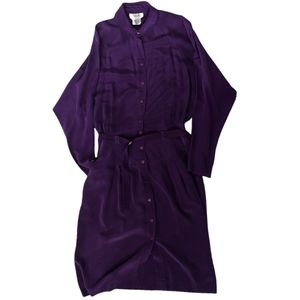 Ambria Vintage 100% Silk Purple Belted Long Sleeve Dress Dolman Sleeve Size 12